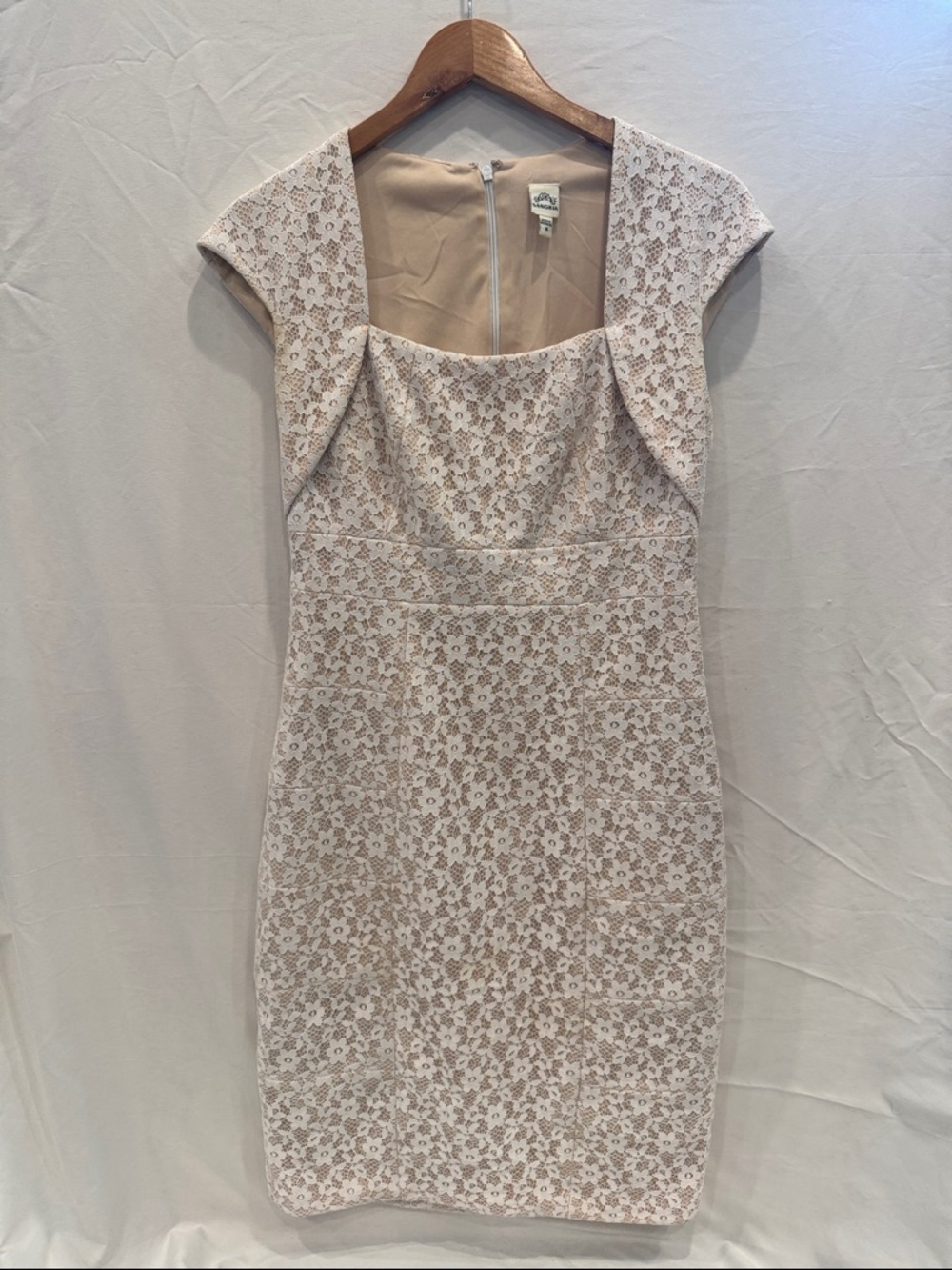 Sangria Lace Sheath Dress in Cream and White - Classic Cap Sleeve, Size 8